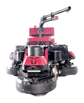 Low-angle view of the KDKP three-head floor grinder